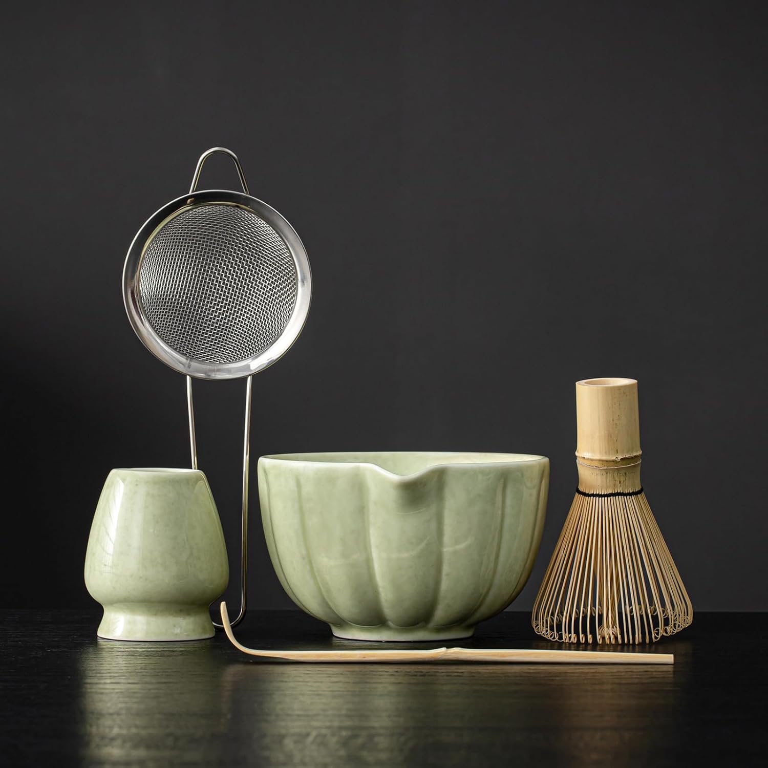 SFTXEY Matcha Whisk Set Matcha Set Includes Ceramic Matcha Bowl Bamboo Whisk Scoop Chasen Holder Sifter 5 Pcs