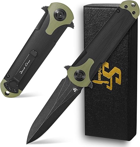 Miniatura 8 de Sitivien ST158 - Cuchillo de bolsillo plegable, chapado en titanio, hoja de acero DC53 lavado a la piedra negra con mango G10, cuchillo de