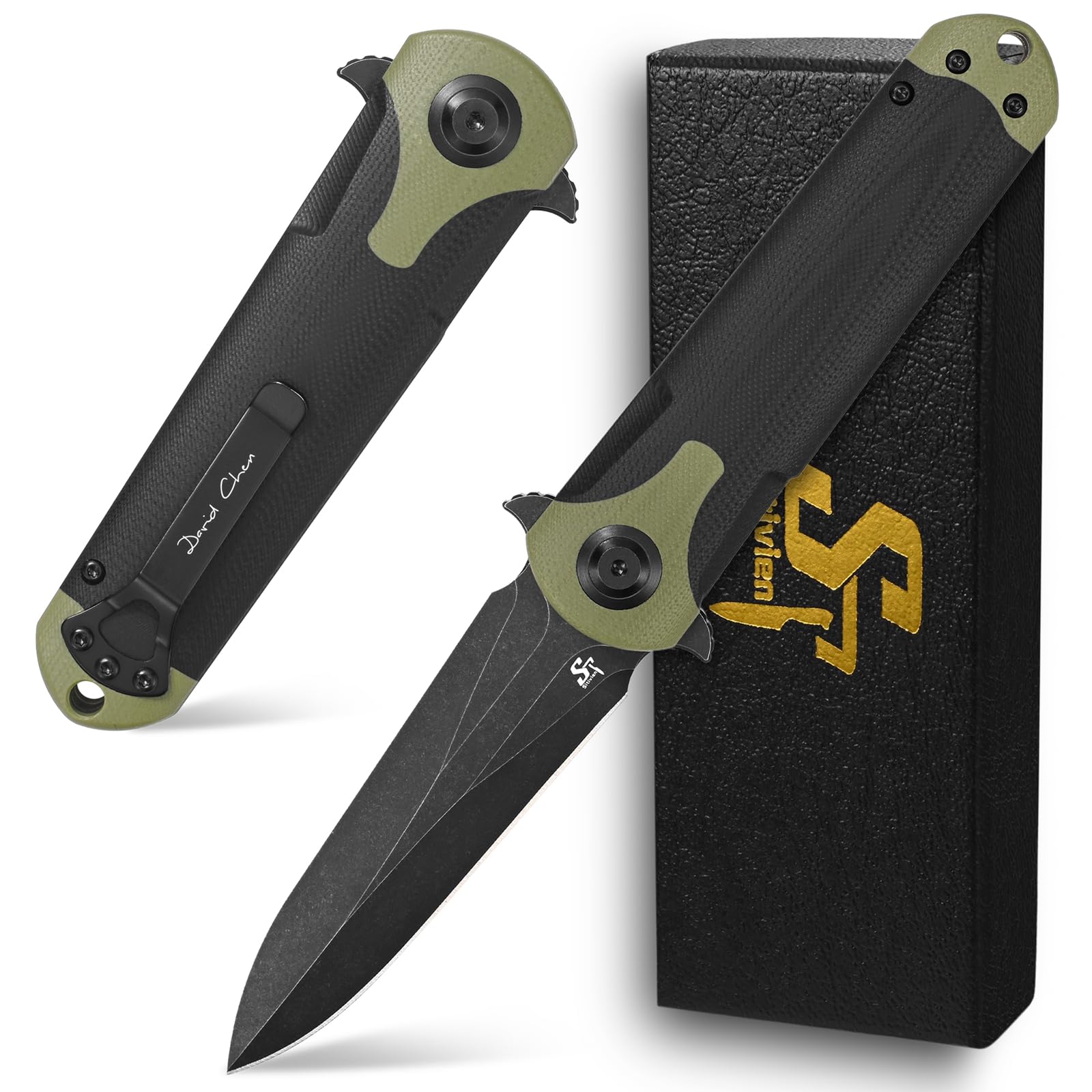 Sitivien ST158 Folding Pocket Knife,Titanium Plating Black Stonewashed DC53 Steel Blade with G10 Handle Chinese Zodiac Series EDC Tool Knife for Outdoor Camping,Hiking,Hunting,Fishing(Black+Green) …