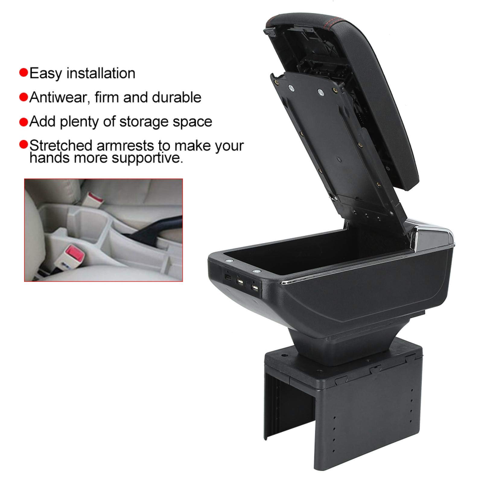 Box bracciolo per auto, contenitore universale per bracciolo per console centrale in ABS nero universale regolabile con interfaccia USB