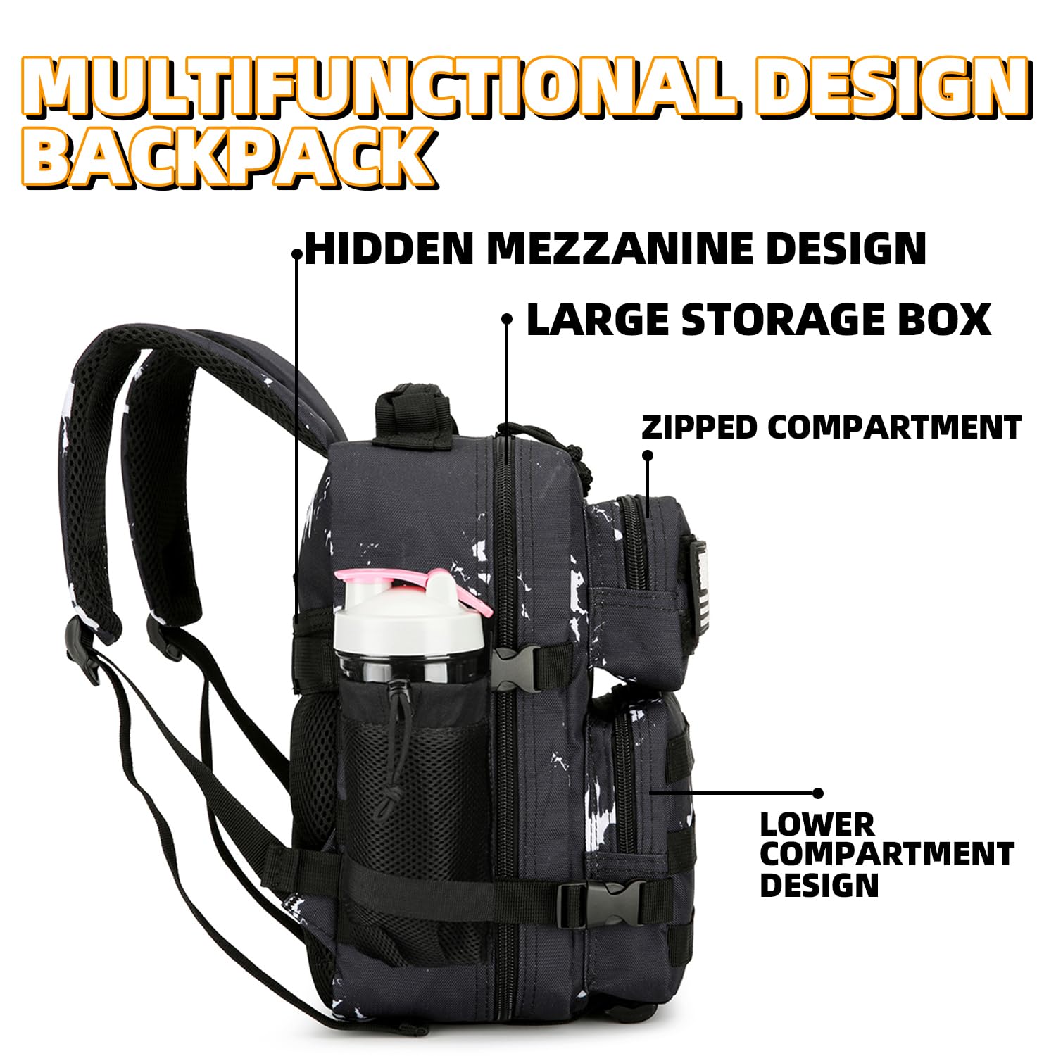 Mochila táctica de uso diario Mochila táctica militar para hombres y mujeres 45L Mochila de fitness, Puntos blancos & negros, Pequeño, Mochilas Daypack 4