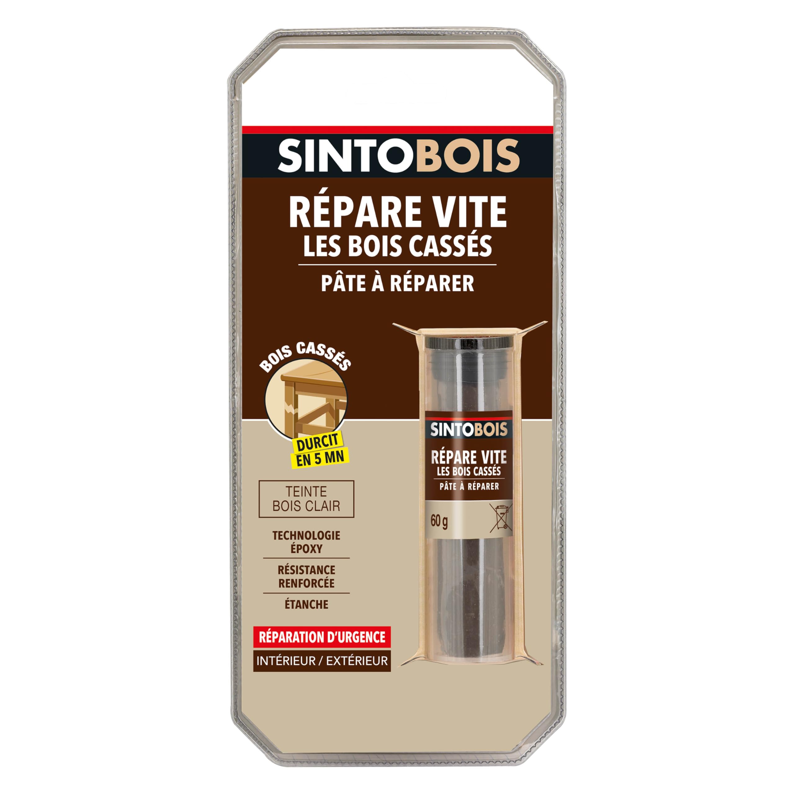 SINTO Répare vite pâte à réparer bois epoxy, 35g, Bois clair, Répare bouche et colle, Bois cassés fendus, Prise rapide 3-​4 min, Ponçable percable, Intérieur extérieur, Toutes finitions
