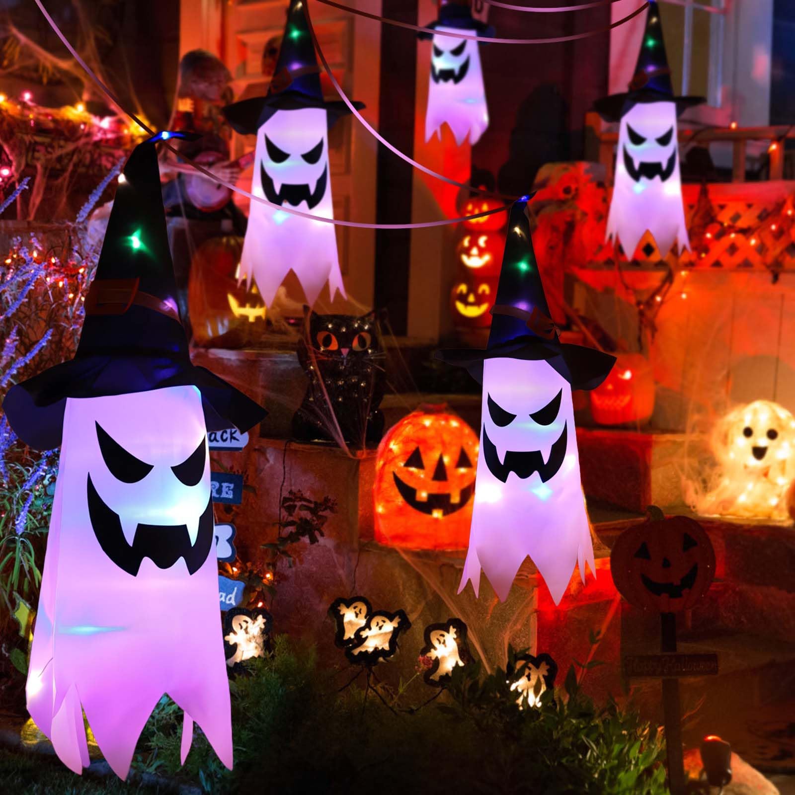 5 Fantômes Suspendus Avec Chapeaux De Sorcière - Guirlande Lumineuse Halloween - Fonctionne Sur Piles - Pour Extérieur/intérieur - 12