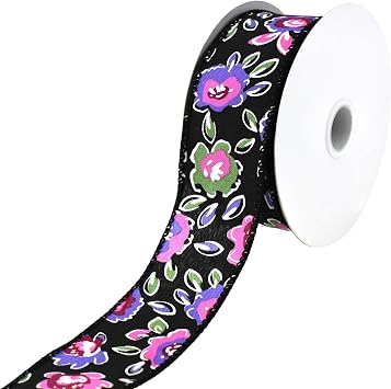 Homeford Black Colorful Floral Wired Ribbon, Faux Linen, 1.5 Inch x 10 Yards, Wired Edge Ribbon for Wreaths, Gift Wrapping, DIY Decor