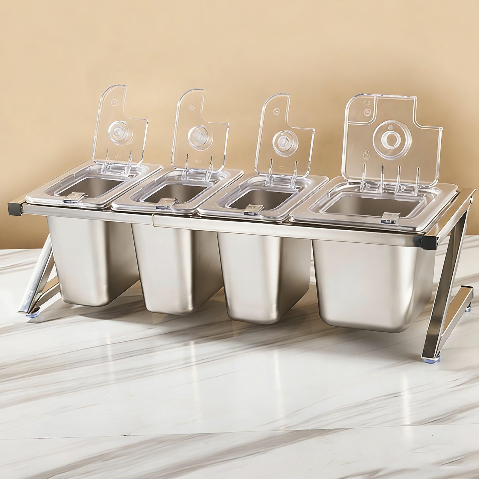 Questa Stazione per condimenti per Pizza con Coperchio Ribaltabile e Set di Palette, Supporto Organizer per spezie in Acciaio Inossidabile, Porta guarnizioni Inclinato da banco per Salse, ma