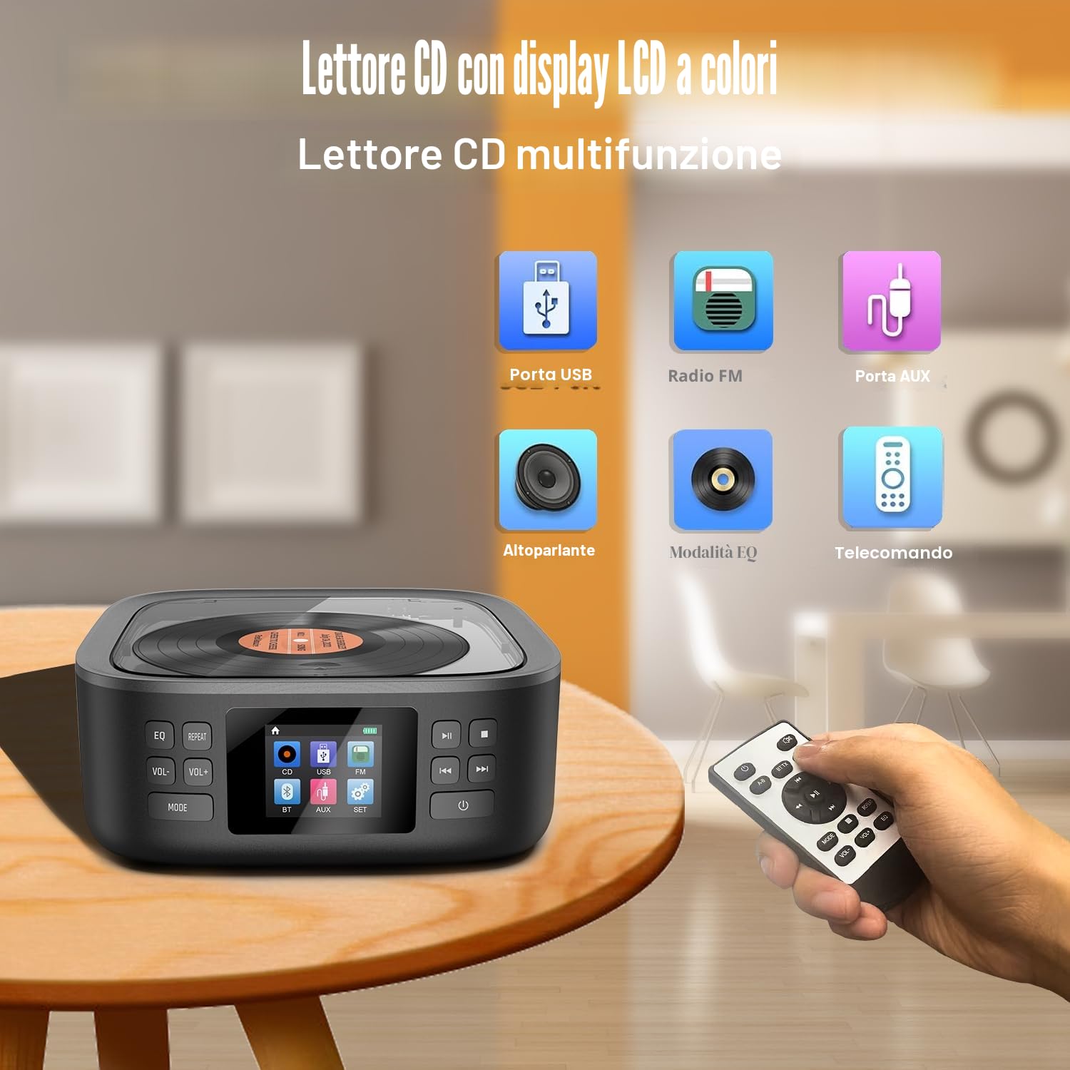 Lettore CD Portatile, Lettore CD Boombox con Bluetooth, Telecomando, Schermo Led, Doppio Altoparlante Stereo Integrato, Supporto Porta Cuffie USB/AUX per La Casa