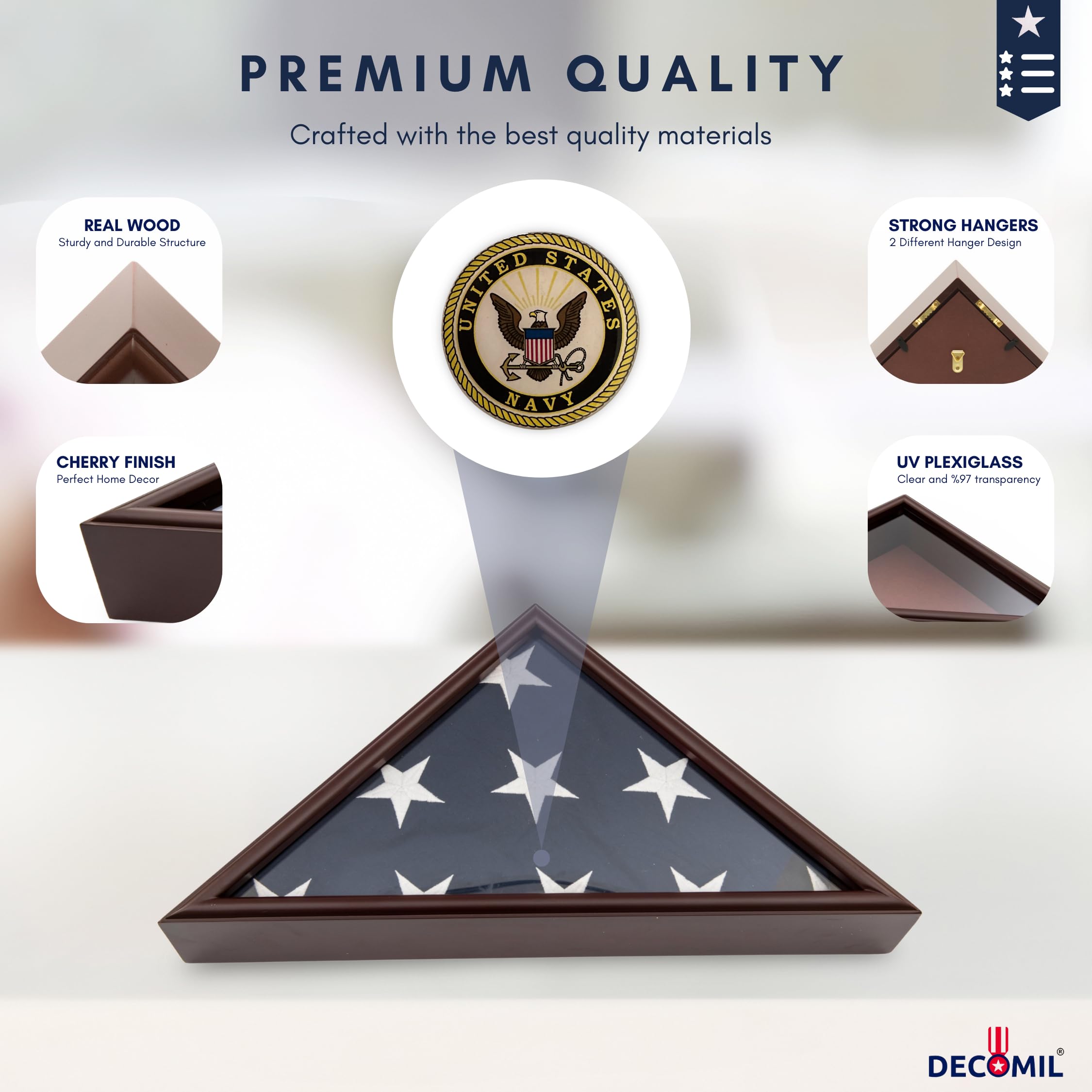 DECOMIL - Navy Flag Display Small Case Box, 5x9 Burial - Funeral - Veteran Flag Elegant Display Case with Flat Base, Solid Wood, Cherry Finish