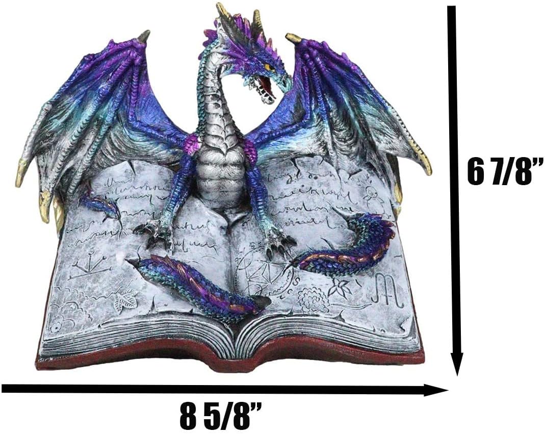 Ebros Gift World of Wizardry and Sorcery Spell Caster Fantasy Dragon of Bibliography Emerging Out of Spell Book with Magical Runes Decorative Figurine Rainbow Dragons (Purple Blue Drake)