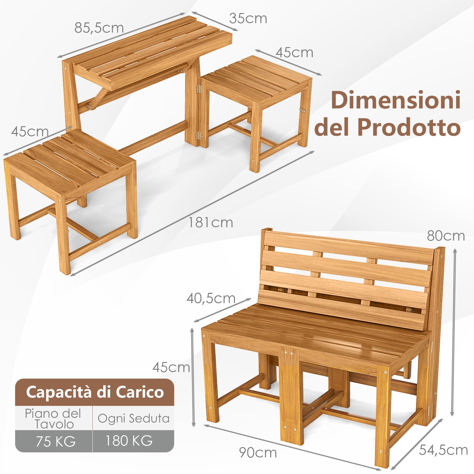 COSTWAY Panca Esterno Trasformabile 3 in 1, Panchina Giardino in Legno di Acacia con Schienale, Set Mobile Esterno con Tavolino e 2 Sedie, Supporto Piante per Terrazzo, Patio e Balcone