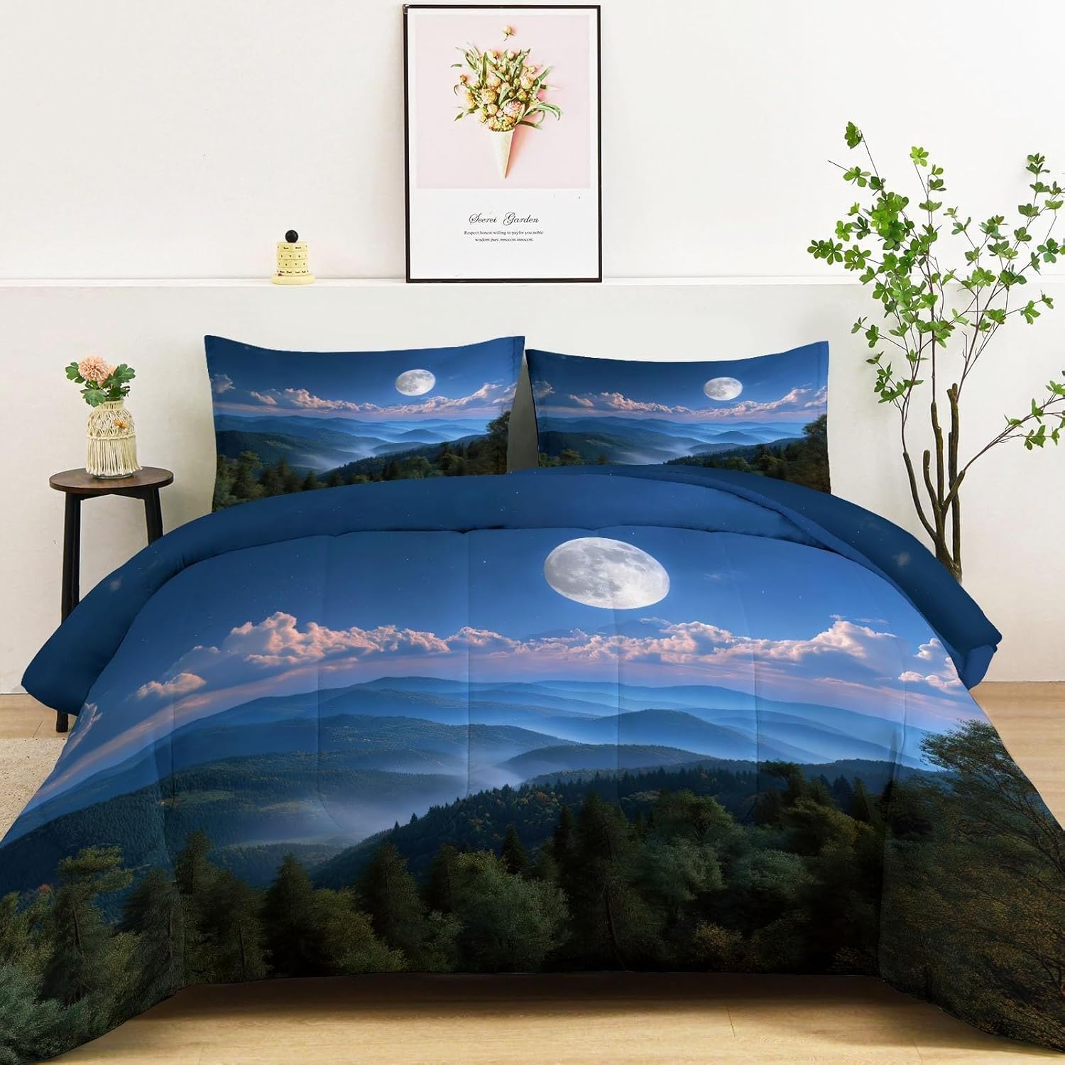 Genérico Edredon Cama 135 Noche de Luna Edredón Nordico Adulto sin Funda Reversible Fondo Azul Estampado Suave Ligero Transpirable Duvet 220x220 cm Incluye 2 Fundas de Almohada 50x75 cm YUa664