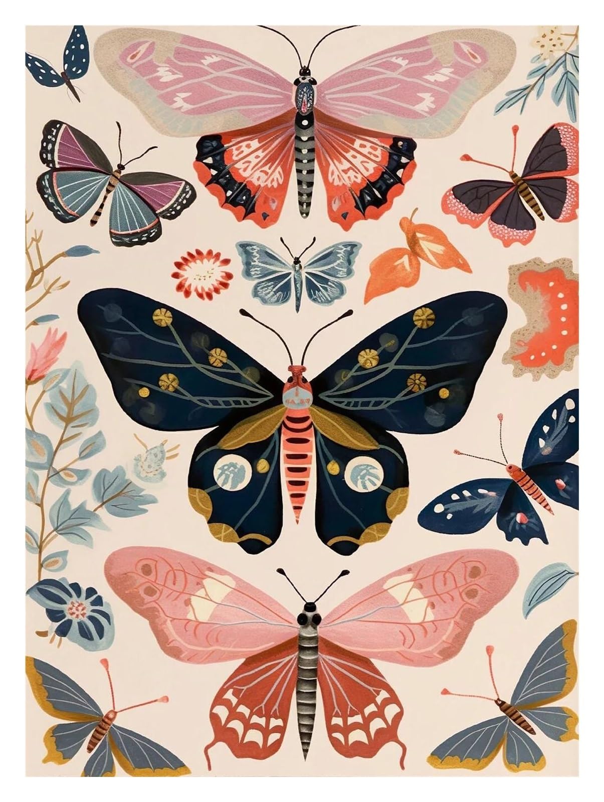 Xenite K Wall Art Canvas Prints Boho Floral Dar Academia Blue Moth Blac Butterfly Poster Prints Canvas Painting Botanical Wall Art Pictures Home Decoration(,30X40cm)
