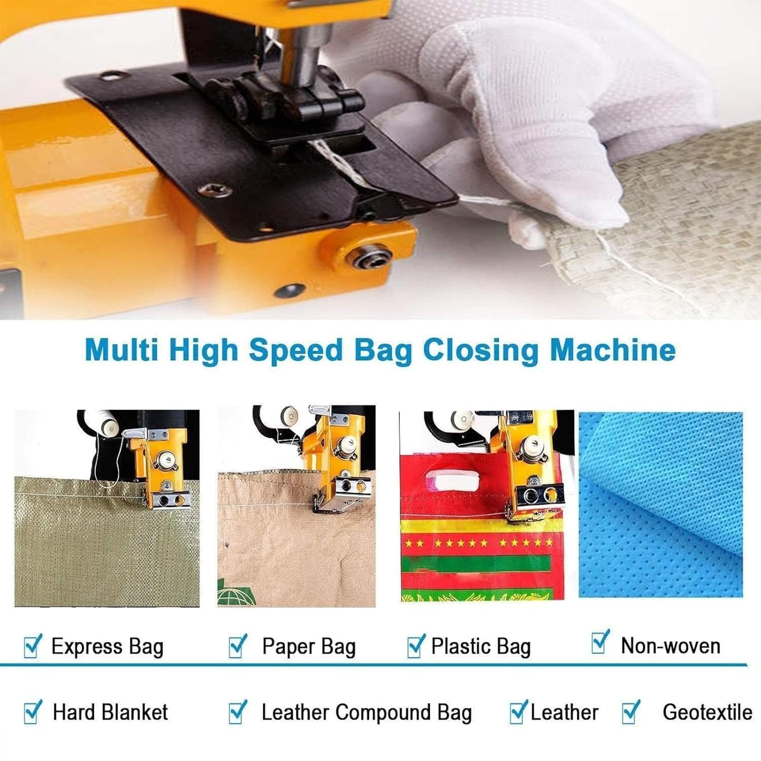 Handheld Bag Closing Machine, 210W Wireless Automatic Woven Bag Packing Machine with 36V Large Capacity Battery, 12000r/min, for Rice/Sack/Woven/Paper/Plastic Bags