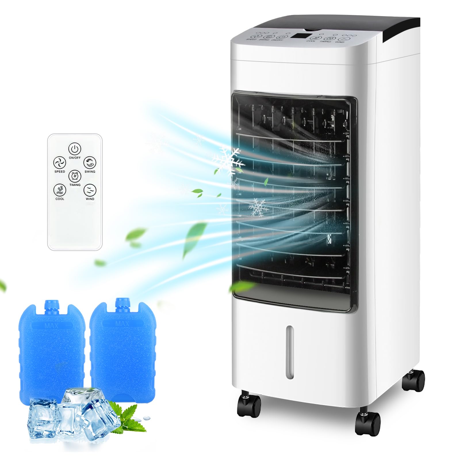 M MUNCASO65W Evaporative Air Cooler Portable Aircon 5L Tank Ice Pack, 3D Airflow with Modes Speeds, LED Touchscreen 12H Timer, Remote Control