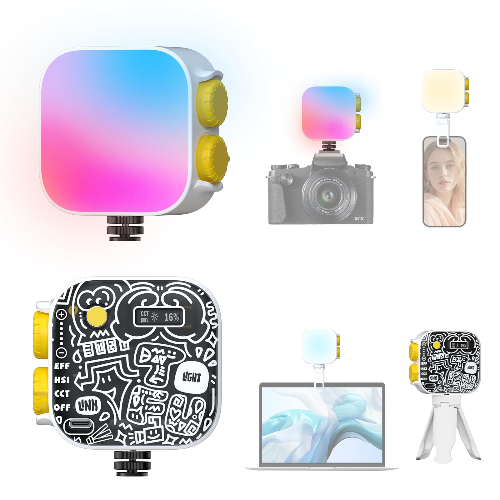 Photoolex Tofu RGB Bianco Faretto LED Compatto e Portatile per Foto e Video | CRI96+, temp 2500K-9900K, batteria ricaricabile 2000mAh, magnete vite 1/4", 21 effetti foto vlog stream videoconferenze