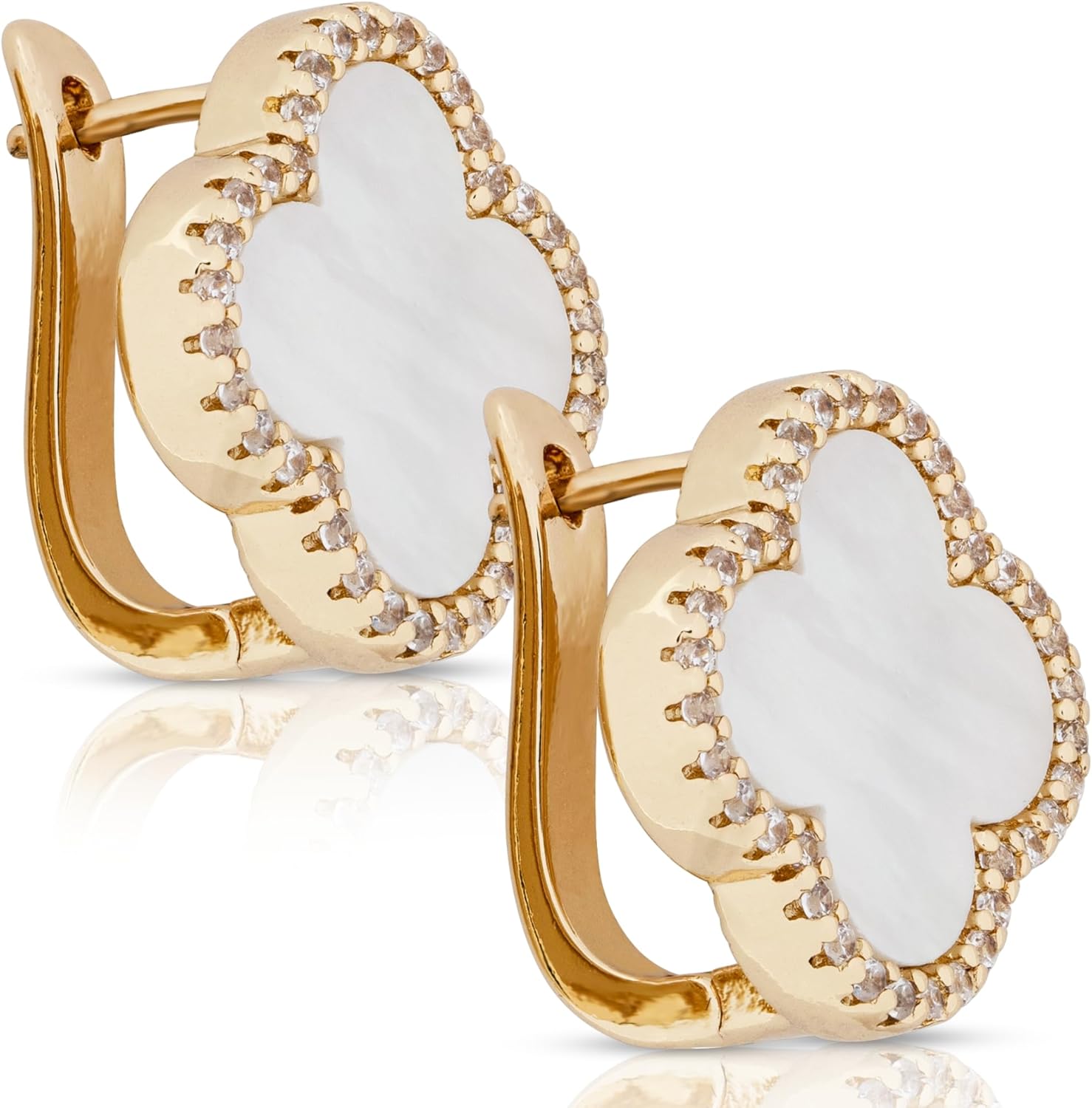 Four Clover Earrings For Women 18K Gold Plated w/Mother of Pearl or w/Black Agate and Cubic Zirconia