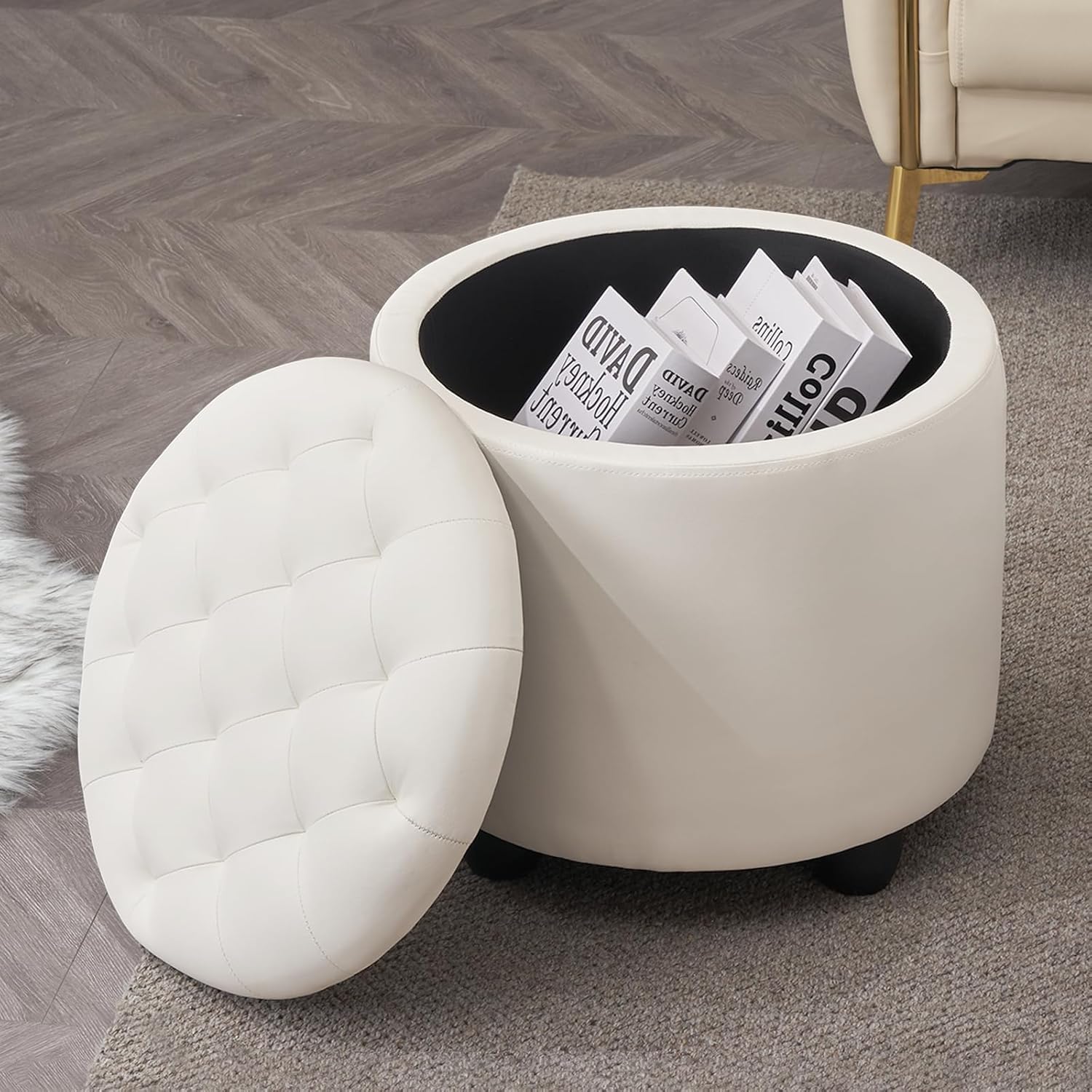 Furnimart Round Storage Ottoman with Cover Lid Tufted, 19" Round Ottoman with Storage Faux Leather Ottomans for Living Room Bedroom Dorm (Ivory White)