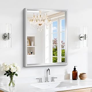 18 x 24 inch Brushed Silver Bathroom Mirror, Metal Framed Rectangle Mirror, 0.6" Thickened Deep Frame Mirrors for Living Room Bedroom Entryway, Tempered Glass, Antirust, Horizontal or Vertical