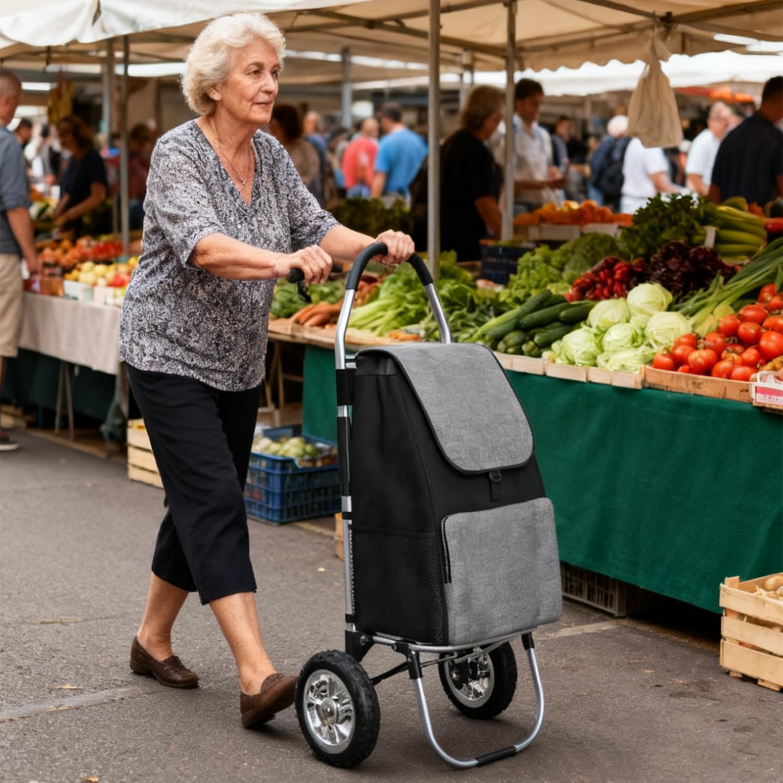 DROMEZ Wózek na zakupy, duże koła, wózek na zakupy, składany, 50 l, duża torba na zakupy z kółkami, obciążenie 50 kg, czarny i szary