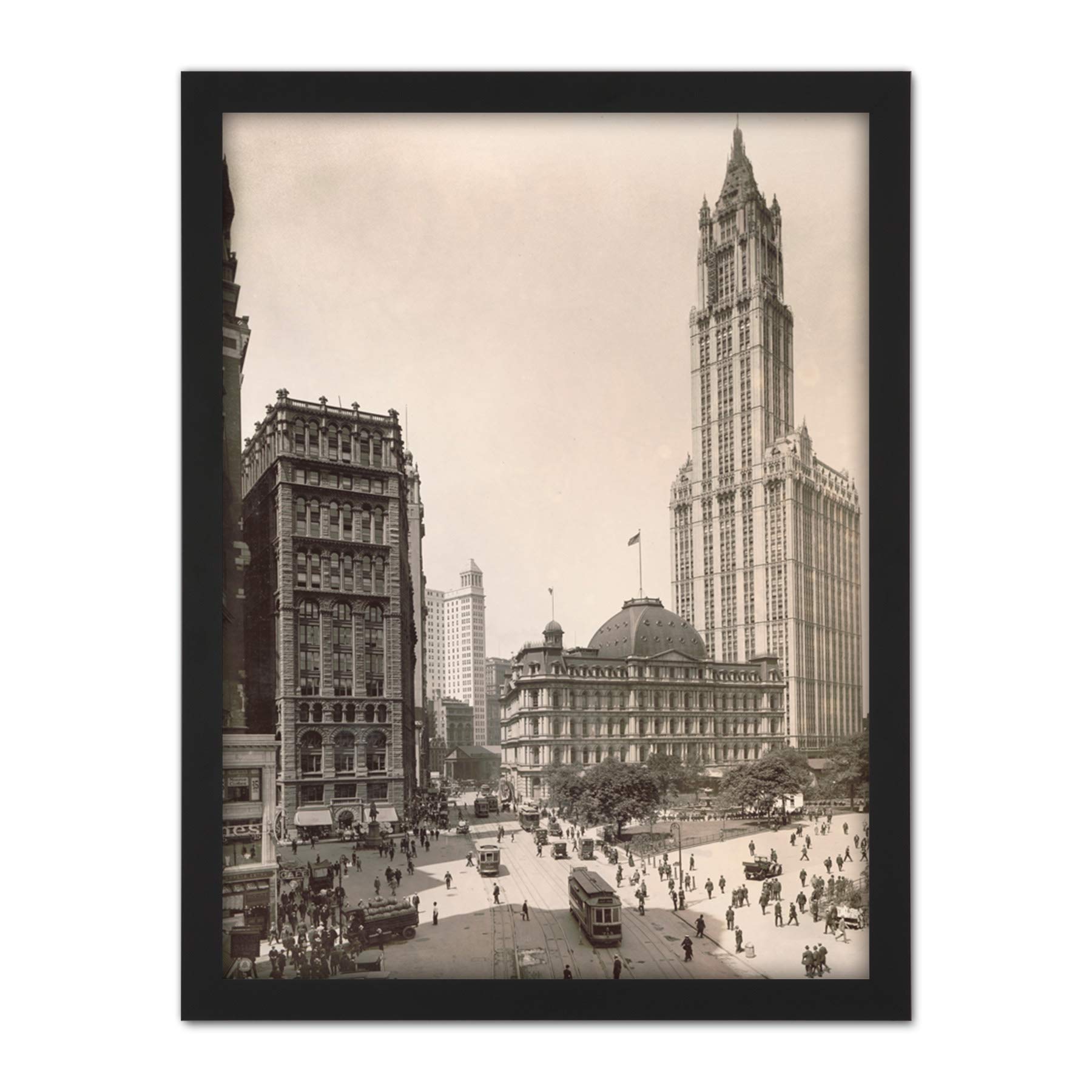 Artery8 New York Woolworth Building Street Scene Vintage Photo Artwork Framed Wall Art Print 18X24 Inch