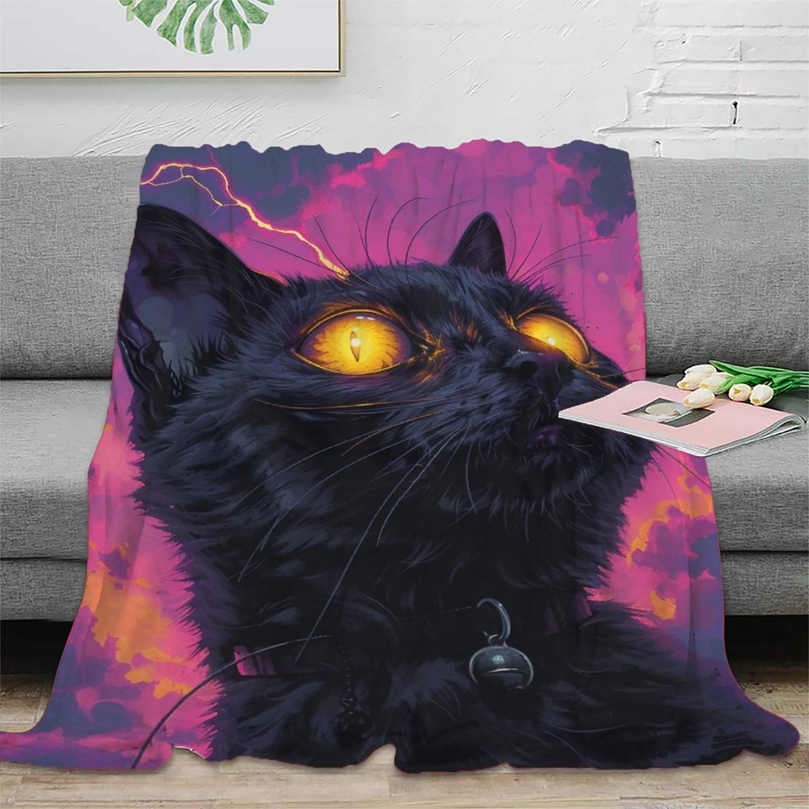 YISUMEI Schwarze Katzen-Überwurfdecke – Weiche Fleecedecke Mit Großen Augen (152x203 Cm)