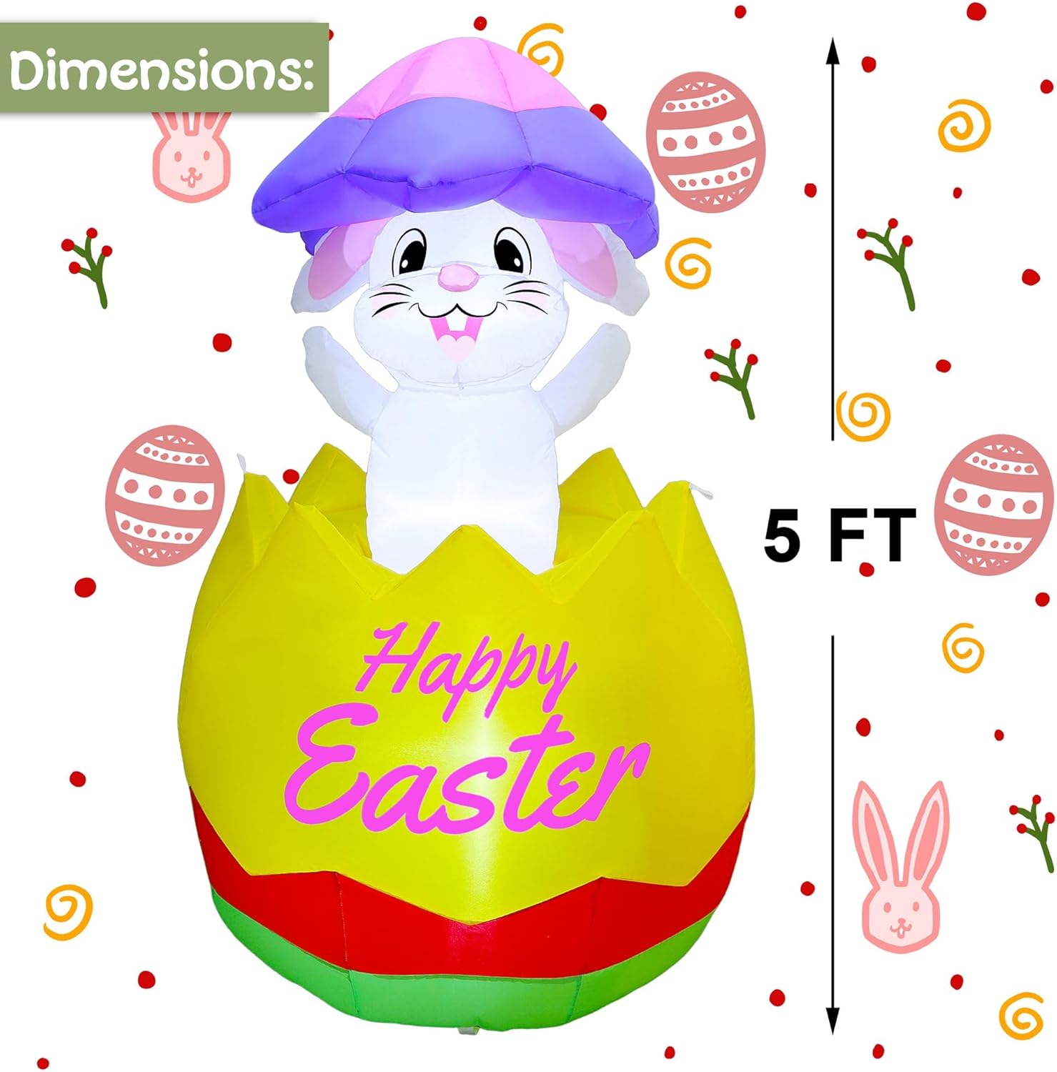 Joliyoou 5FT H Easter Inflatable Outdoor Decoration, Air-Blown Bunny in Egg with Shell on Head, Blow Up Rabbit with Built-in LED Lights for Lawn Yard Garden Holiday Party Indoor Outdoor Decor - Image 2