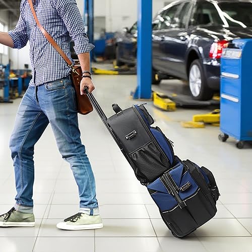 Miniatura 7 de AIRAJ Bolsa de herramientas rodante de 21 pulgadas con ruedas y juego de mochila de herramientas de 18 pulgadas  Asa telescópica ajustable  Bolsa de