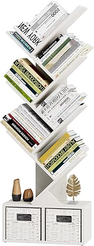Vagusicc Estantería de árbol de 6 niveles  Estantería moderna de pie con cestas, estante alto de almacenamiento de libros de madera para librosCD,