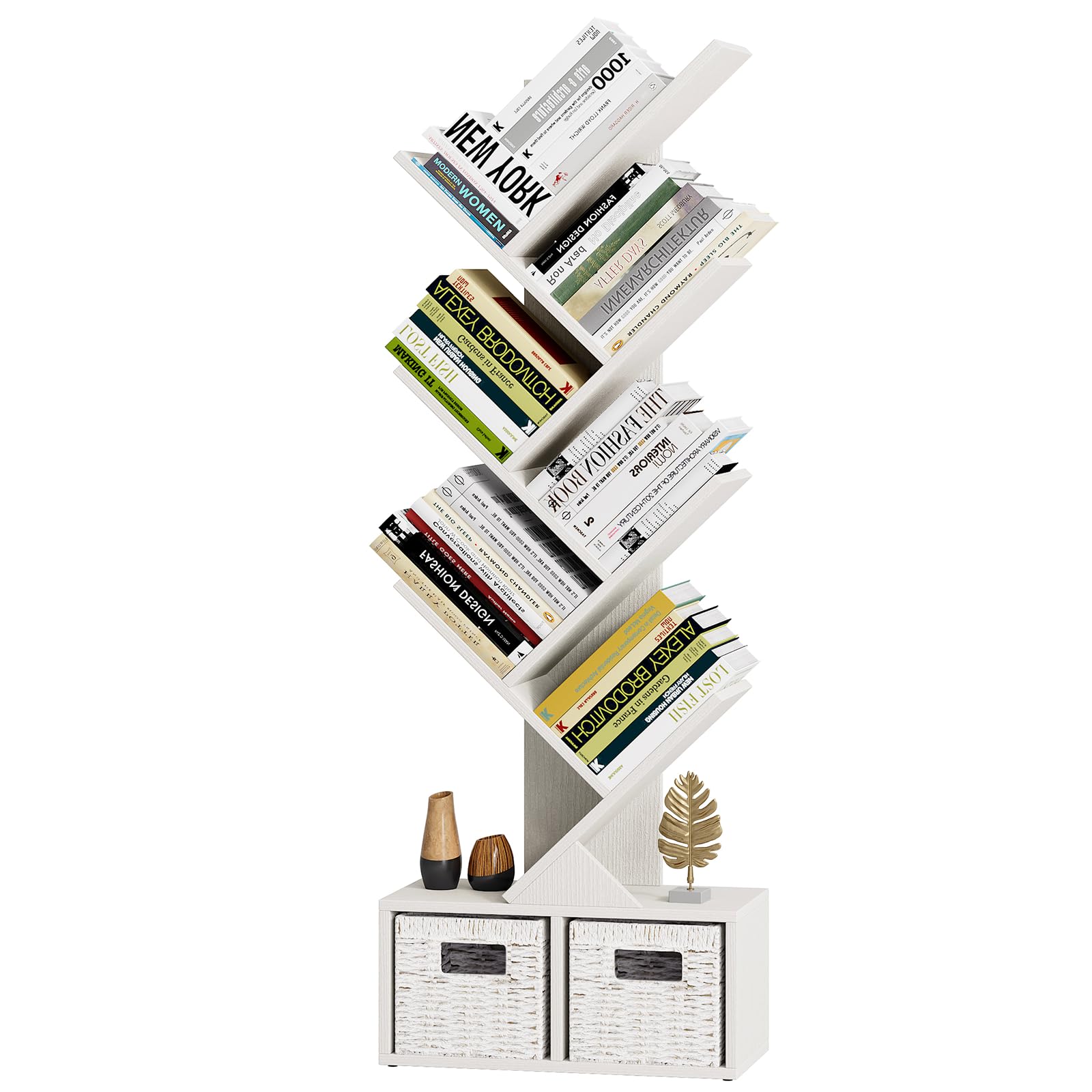 Vagusicc 6 Tier Tree Bookshelf - Modern Shelf Floor Standing Bookcase with Baskets, Tall Wood Book Storage Rack for Books/CDs, Tree Utility Book Organizer Shelves for Living Room, Home Office, Bedroom