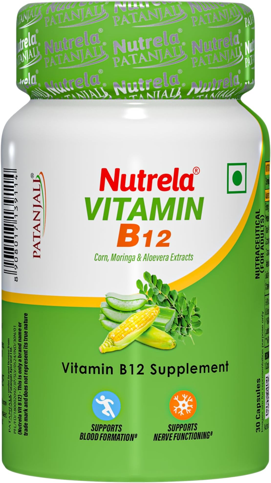 Nutrela Vitamin B12 Biofermented Plant Based Supplement for Men & Women with Moringa and Aloevera Extract - 30 Veg Capsules