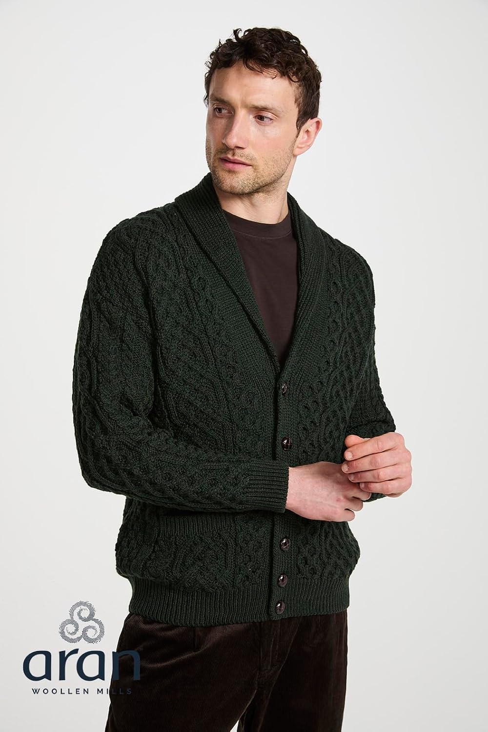 Aran Woollen Mills Shawl Collar Men’s Cardigan – 100% Merino Wool, Irish Aran Cable Knit Sweater with Buttons & Front Pockets