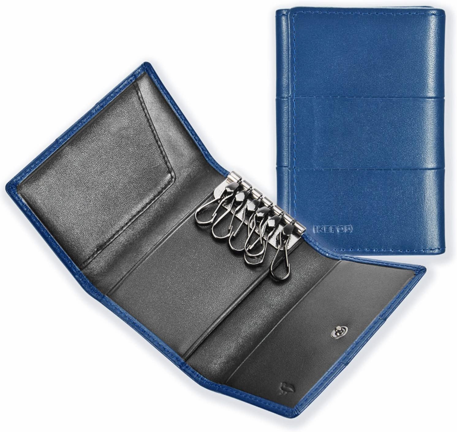 IKEPODTri-fold Key Wallet/Holder [Full-grain Leather] 6 Hooks & 2 Card Slot, Smoky Blue, Normal, Modern