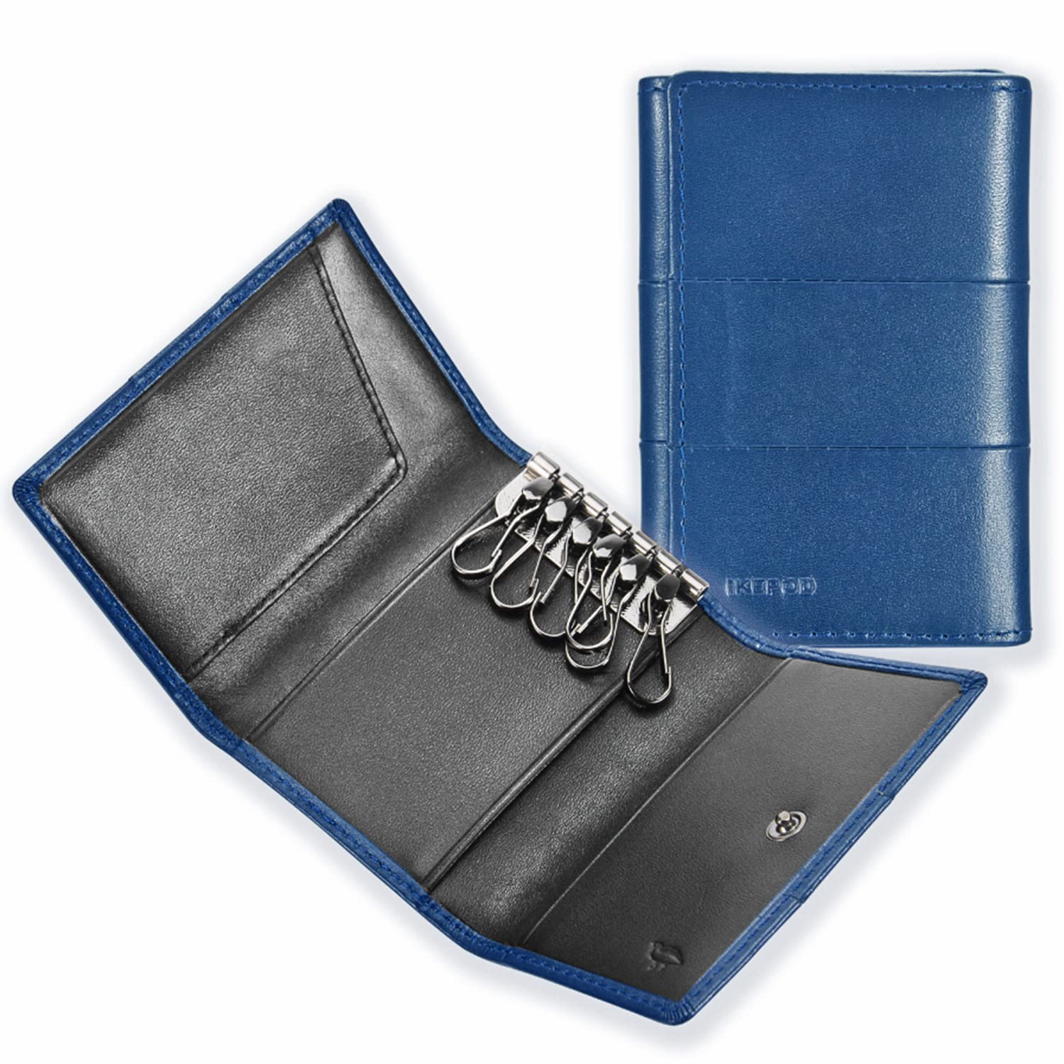IKEPODTri-fold Key Wallet/Holder [Full-grain Leather] 6 Hooks & 2 Card Slot, Smoky Blue, Normal, Modern