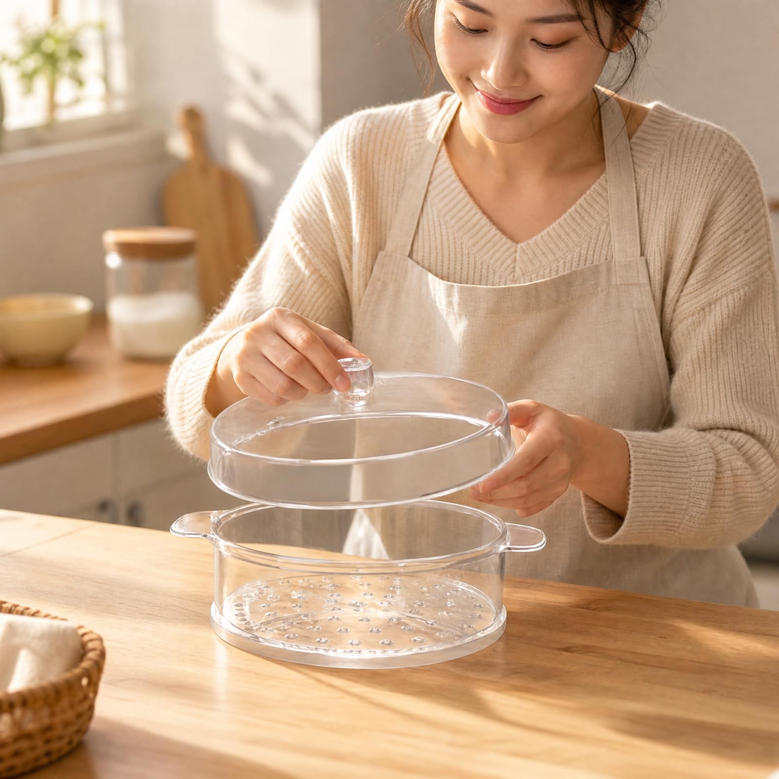 Dampfgar-Einsatz mit Deckel Transparent Dampfgar-Einsatz mit Griffen Leicht zu Reinigen Plastik-Dampfeinsatz für Küche, 4 Schichten