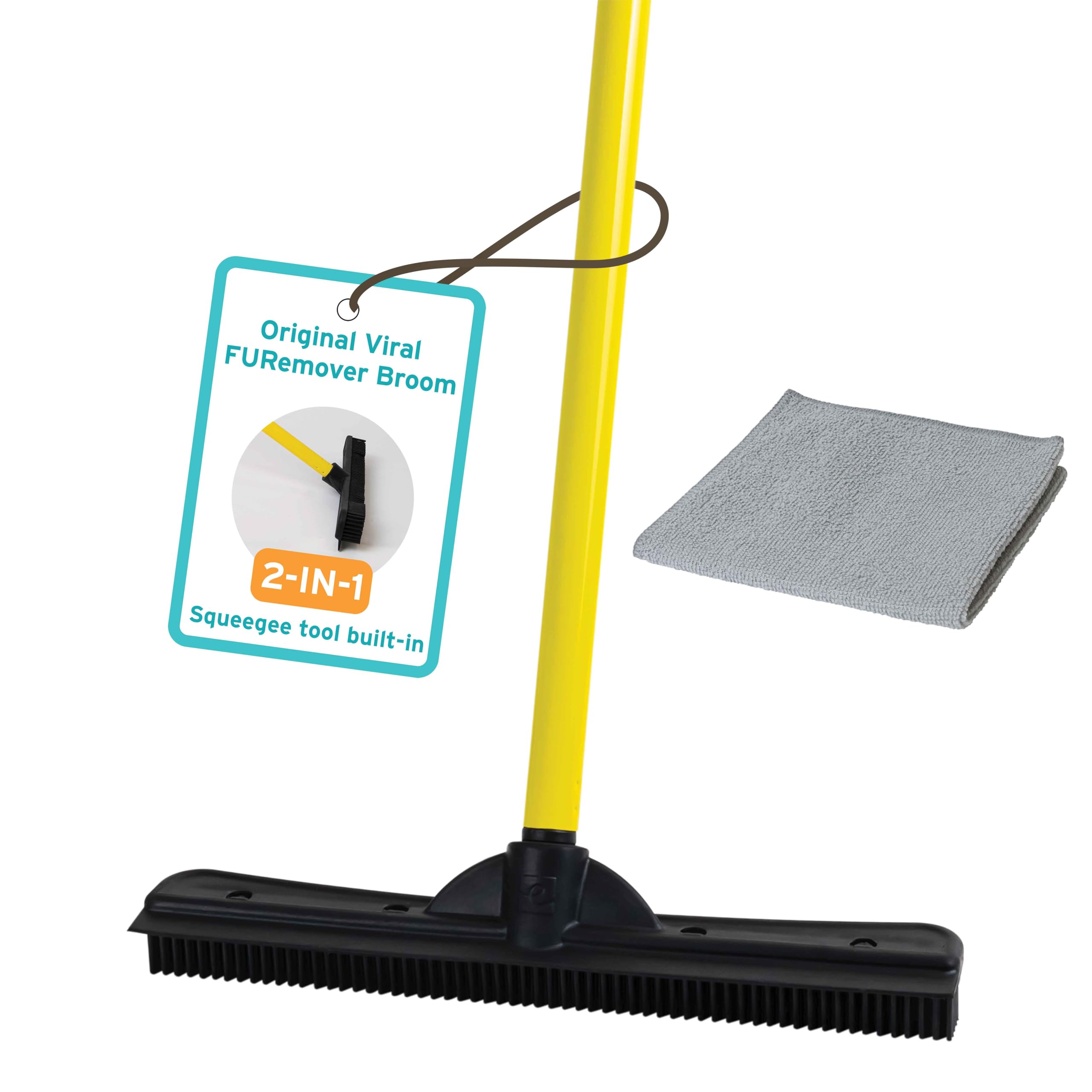 FURemover Original Pet Hair Rubber Broom with Squeegee, with 58” Telescopic Handle for Carpet, Tile and Hardwood and Scrub Cloth Combo