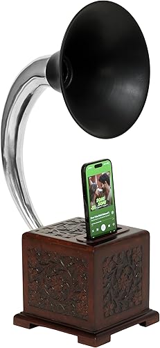 Miniatura 11 de Gramophone - Altavoz acústico - Amplificador no eléctrico de estilo vintage, soporte para teléfono inteligente y base con acabado negro completo