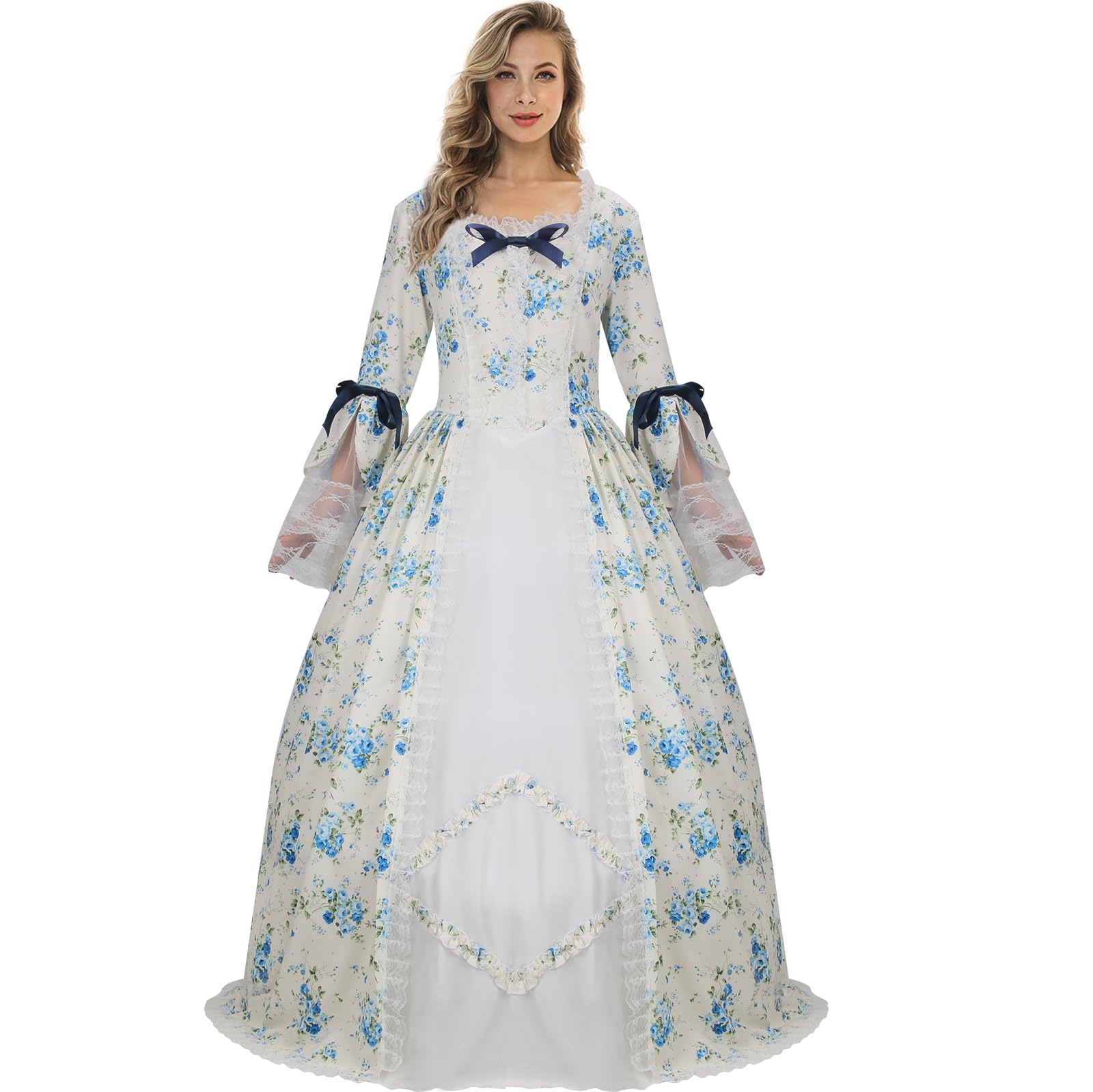 NIHONCOS Women Medieval Rococo Party Dress Gothic Victorian Costume Retro Ball Gown Blue Floral Halloween Cosplay Outfit