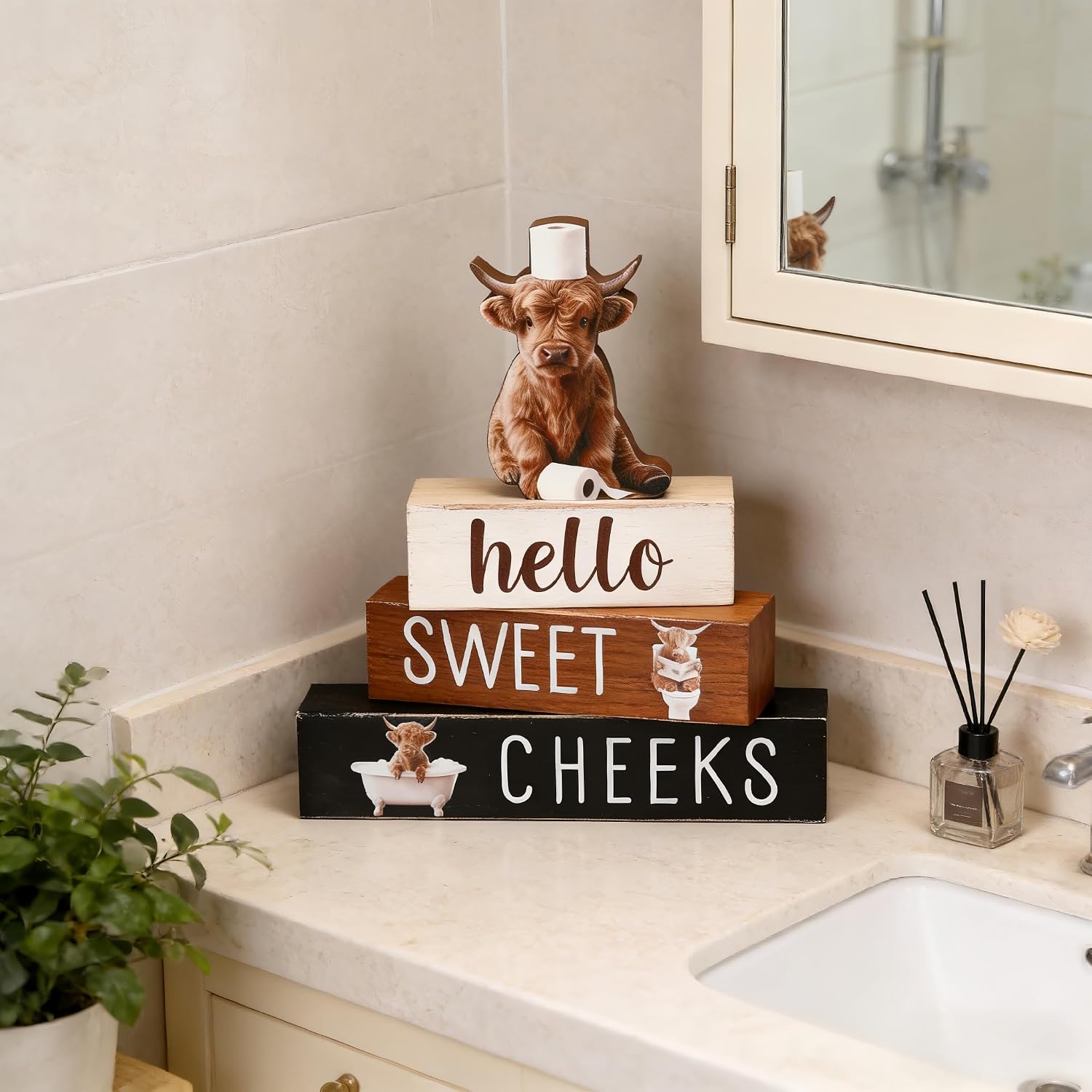 Highland Cow Bathroom Decor 4 Pcs Farmhouse Wooden Signs image 5