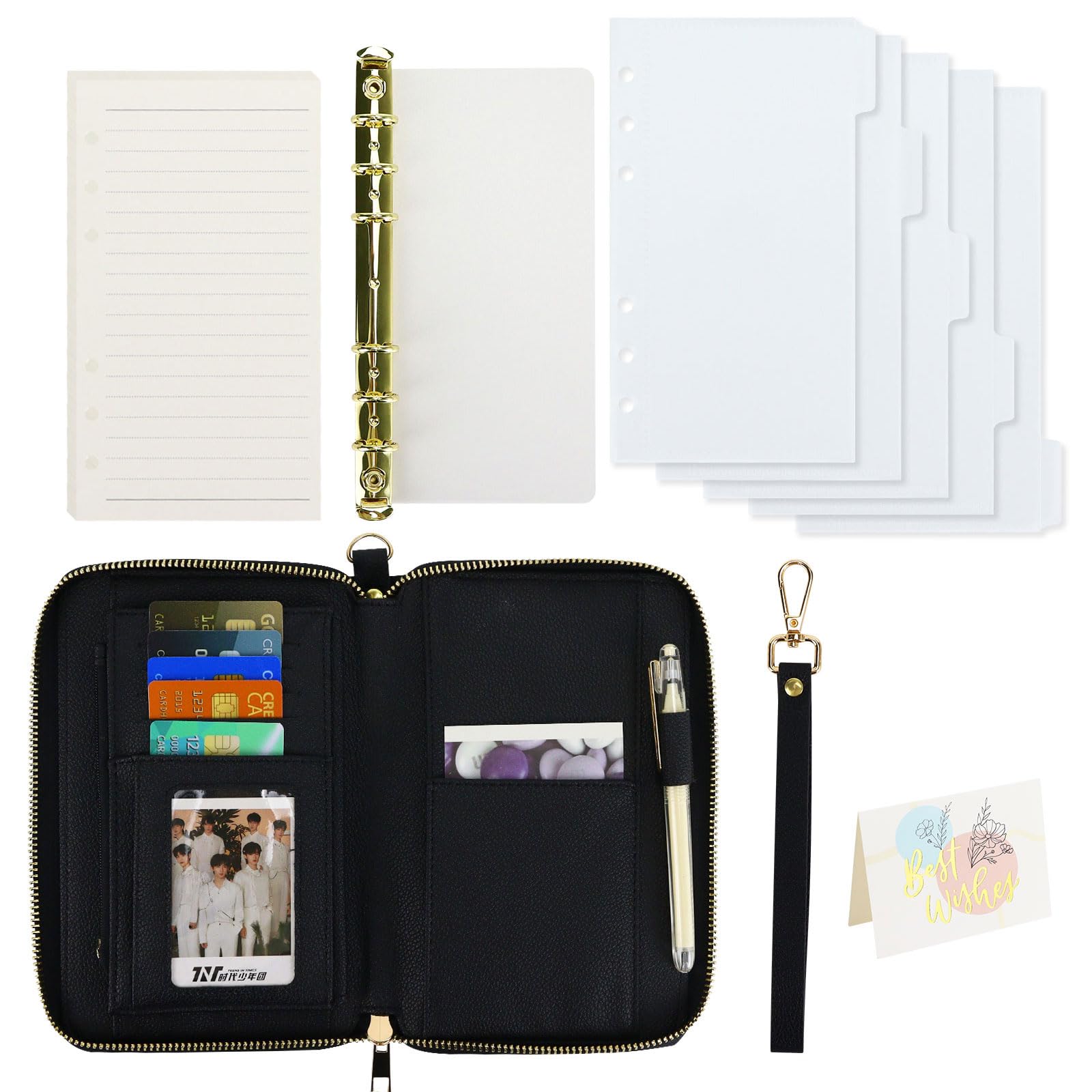 Buqoo A6 Budget Binder Cash Envelopes PU Leather Planner Zipper 6 Rings Money Wallet Organizer, 1 Planner with 45 Sheets Lined Papers and a6 Clear Frosted Dividers, Shoulder Strap, Card (Black) — image 1