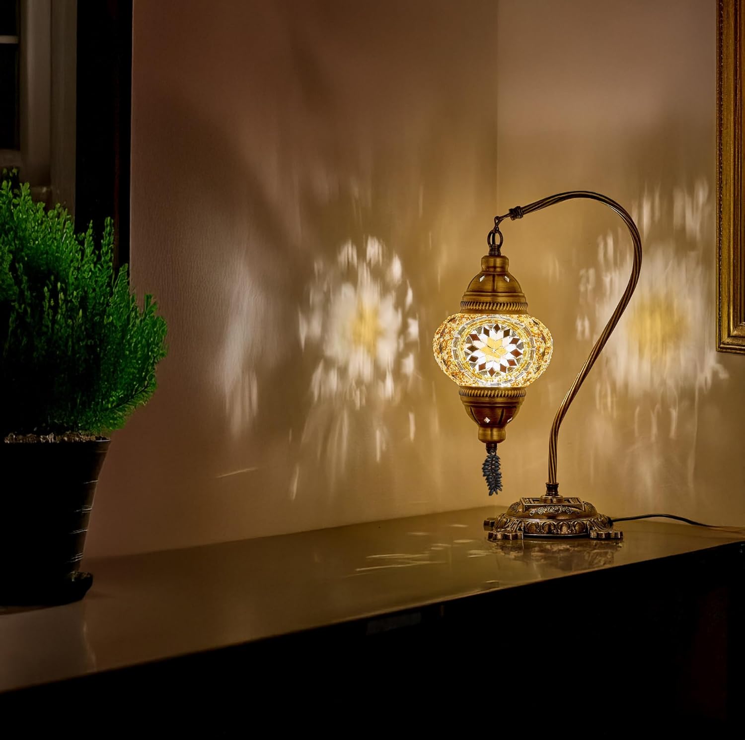 DEMMEX Turkish Moroccan Mosaic Table Lamp – Handcrafted Tiffany-Style Colorful Glass Swan Neck Bedside, Desk, Table Light, Boho Artisan Accent Lighting for Bedroom or Living Room – 15" H, Amber Brown