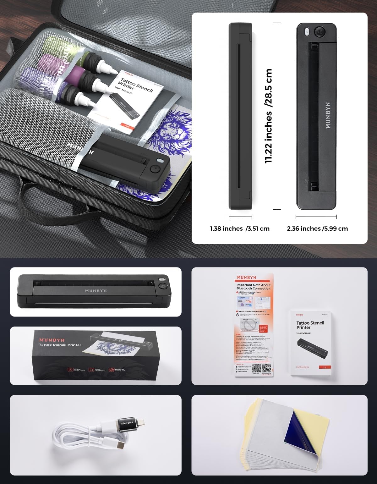 MUNBYN Tattoo Drucker Bluetooth, Stencil Drucker Tattoo Printer, Haut Tattoodrucker Thermodrucker für Anfänger, für Android iOS Mac Windows, mit 20 Blatt Transferpapier, ITP06, Schwarz