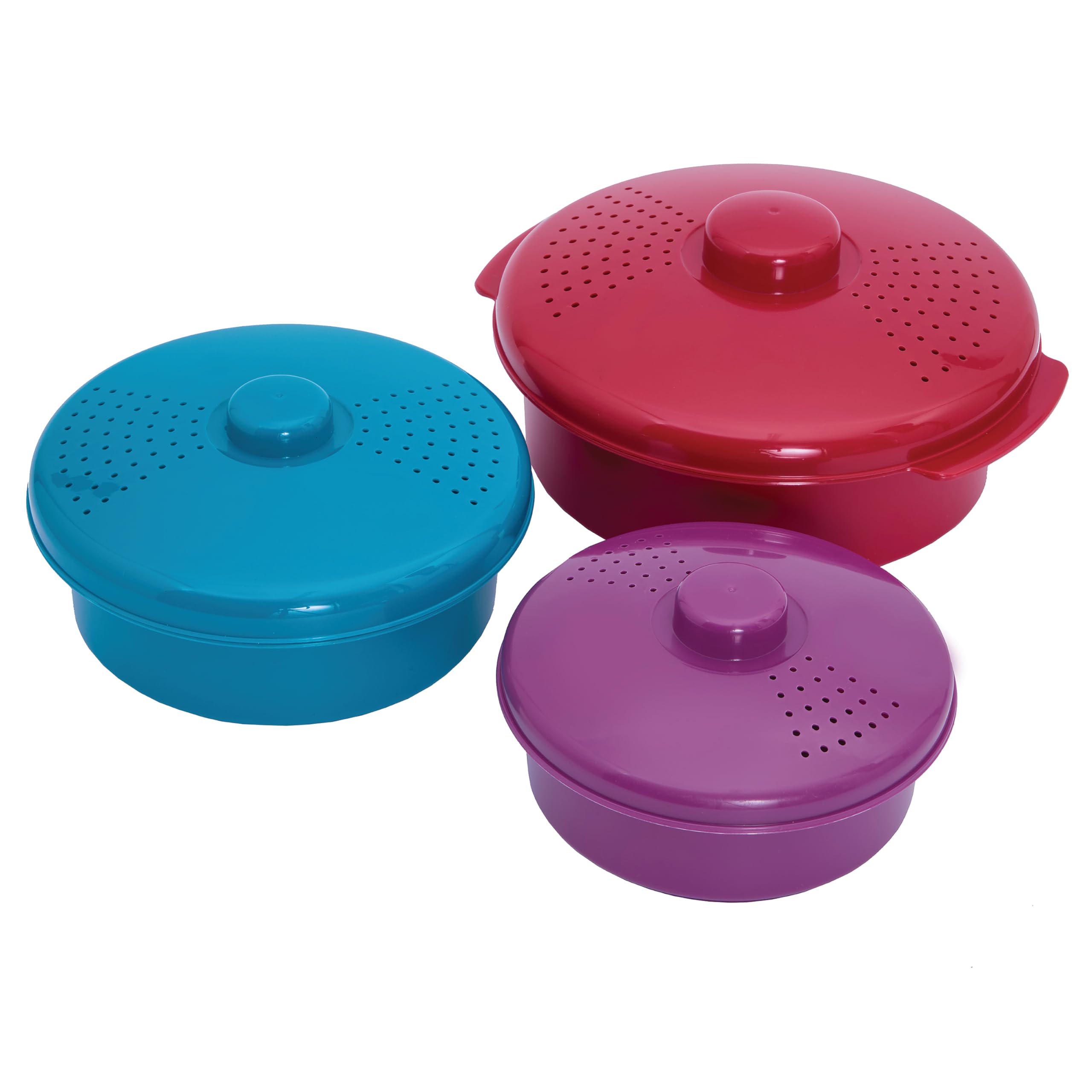 Coopers of Stortford - Three Piece Microwave Casserole Pot Set with Vented Lids - Space Saving Pots for Fast Cooking Heating and Storage