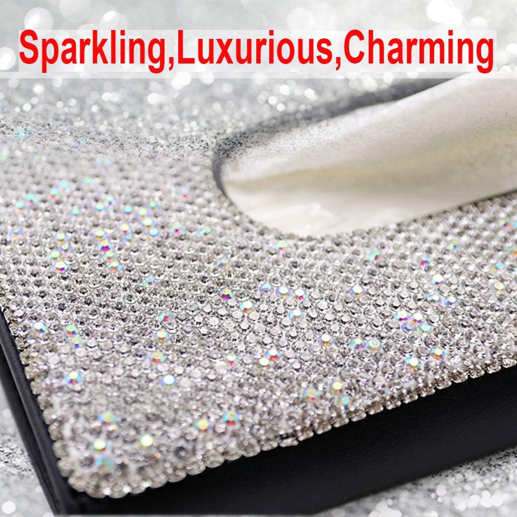 U&M Bling Bling Car Sun Visor Tissue Box Holder Pure Hand-Made Sparkling Crystal Auto Napkin Holder PU Leather Backseat Tissue Case for Women