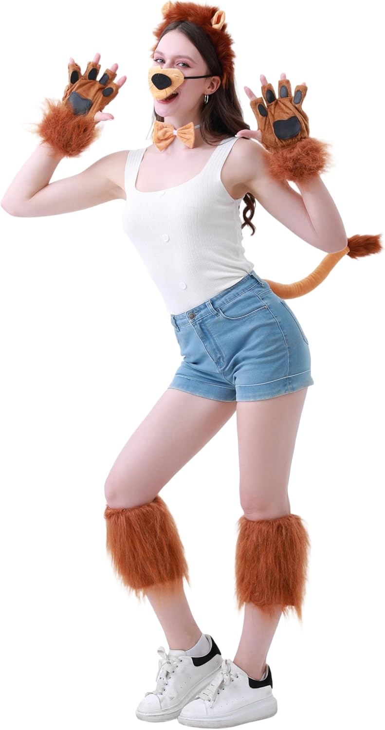 Lion Halloween Costume Set, Animal Costume Cosplay Accessories Headband Gloves Face Sticker Dress Up for Women - Image 5