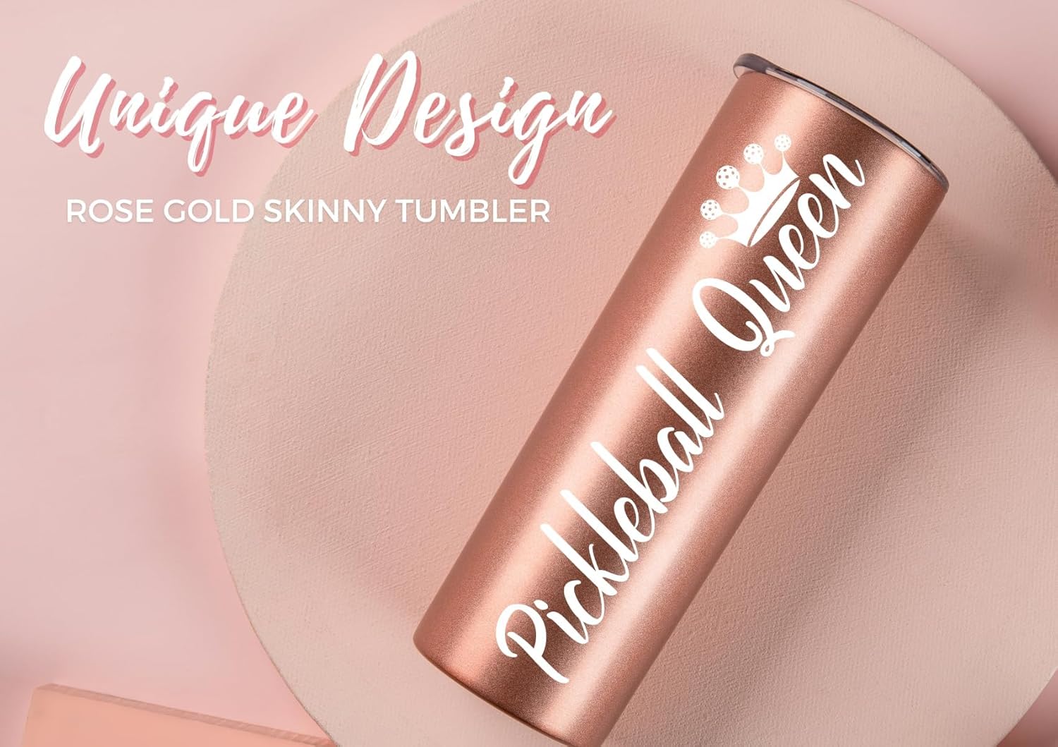 Onebttl Pickleball Gifts for Women - 20 oz Stainless Steel Skinny Tumbler with Lid, Pickleball Queen (Rose Gold) - Image 4