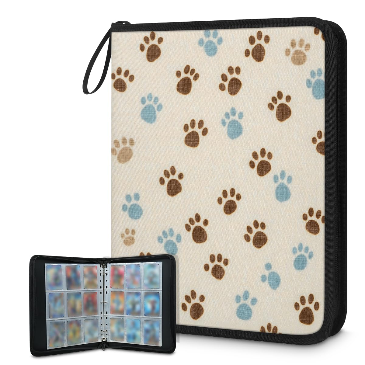 Mexpekil Raccoglitore per carte con zampa di cane, marrone, blu, 9 tasche con 50 pagine a caricamento laterale, per 900 carte, con cerniera, impermeabile, porta carte