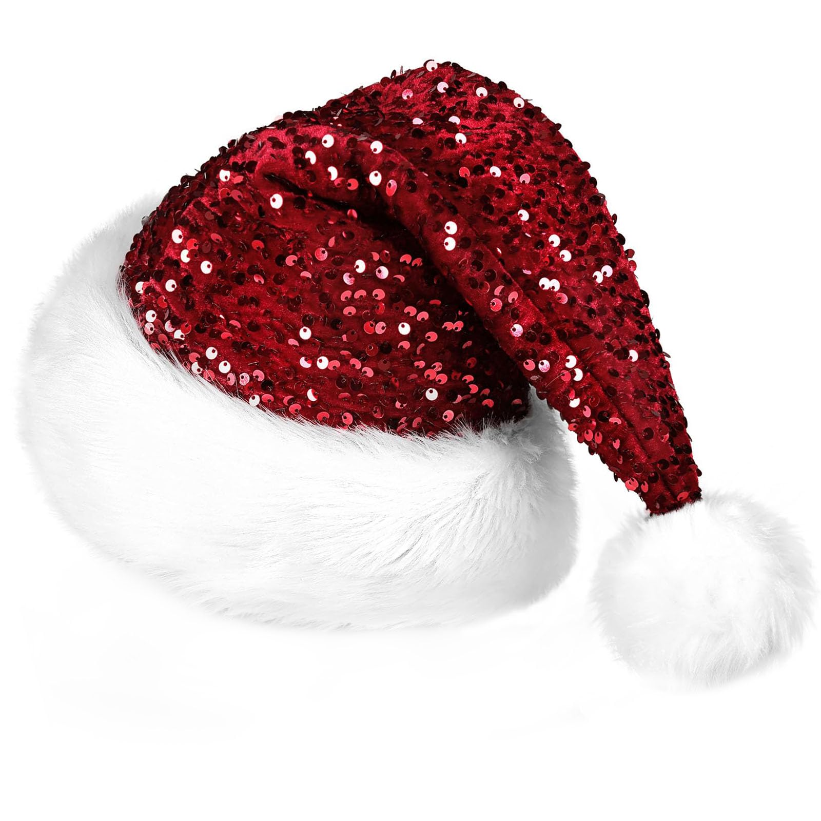 KFZR Sequin Santa Hat Christmas Hat for Adults Plush Xmas Hat For Women Or Men New Year Festive Party Supplies (Red)