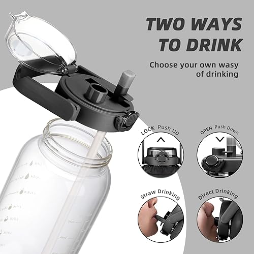 Miniatura 2 de Botella de agua de vidrio de 64 onzas con popote y manga, botella de agua motivacional de medio galón con marca de tiempo y correa de 2 litros a