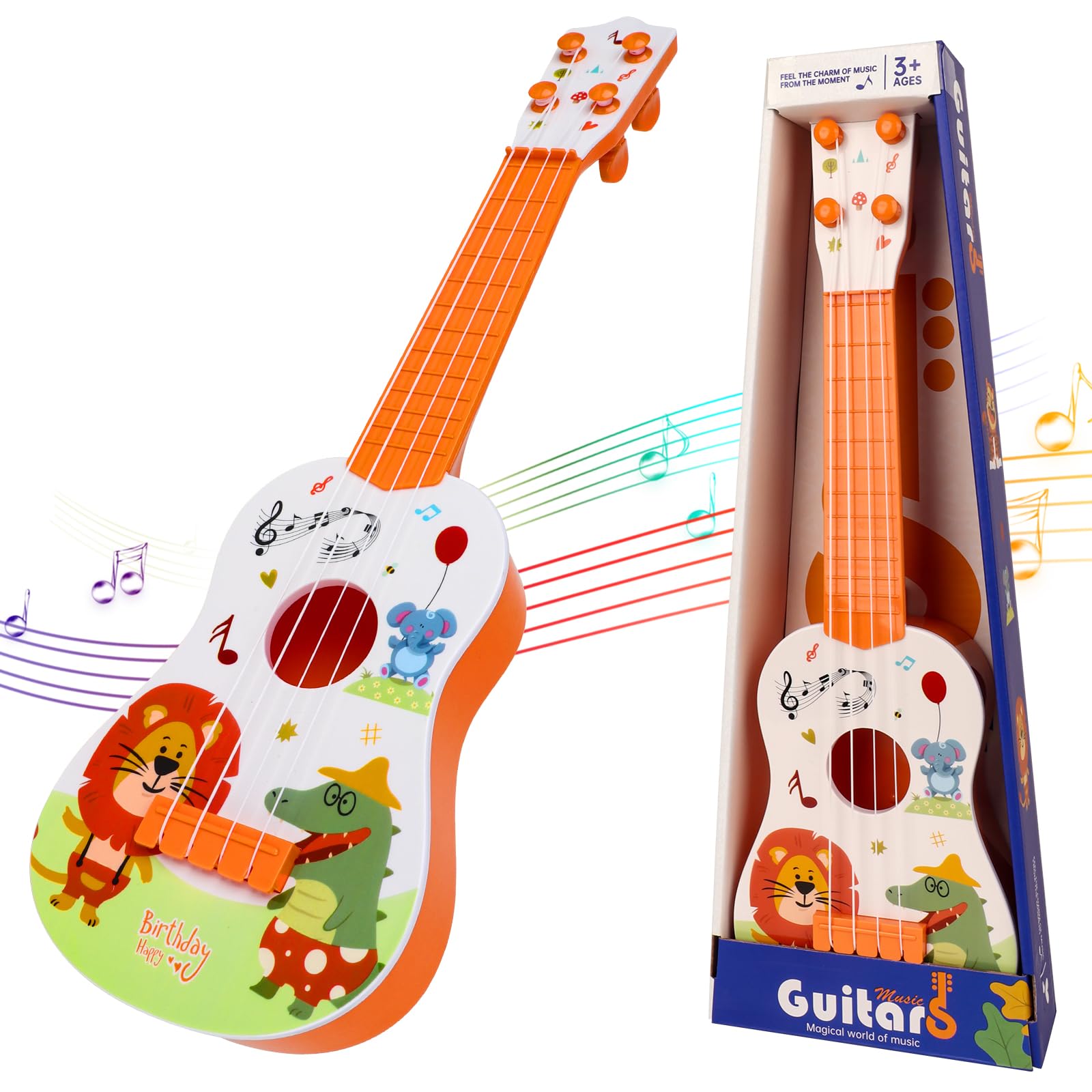 Lotvic Kids Ukulele Guitar Toy, 41cm Guitar Musical Toy, Ukulele Instrument with 4 Ajustable Strings, Music Learning Educational Guitars, Cartoon Mini Guitars for Toddlers Children Kids (Orange)