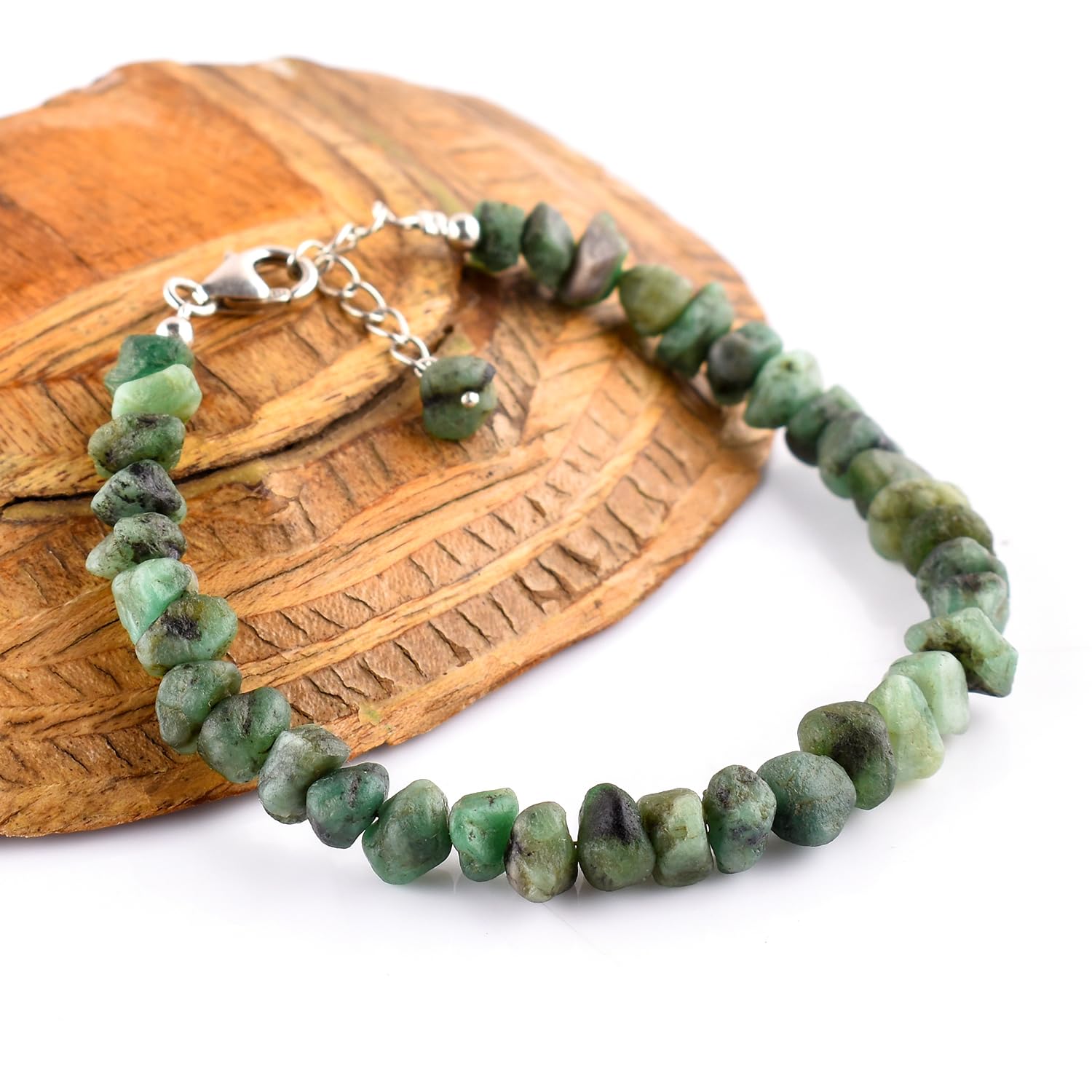 Rohes Smaragd -Armband für Frauen, natürlicher Edelsteinrauer, Geburtsstein, zierlich handgefertigte Schmuck, Chakra Energy Healing Crystals, 925 Sterling Silber Chain 8 Zoll