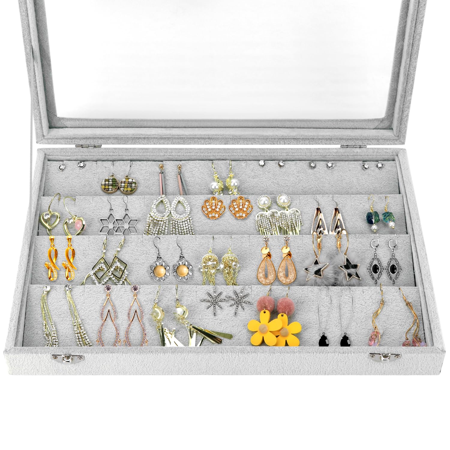 Organiseur à Boucles D'oreilles En Velours Avec Couvercle Transparent - 40 Paires, Verrouillable, Couleur Gris - QWORK